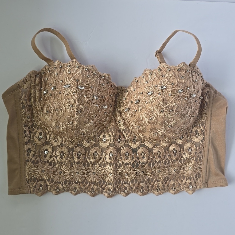Windsor Daring Embellished Bra Beaded Corset Bustier Beige Crop Top Bling Sz M